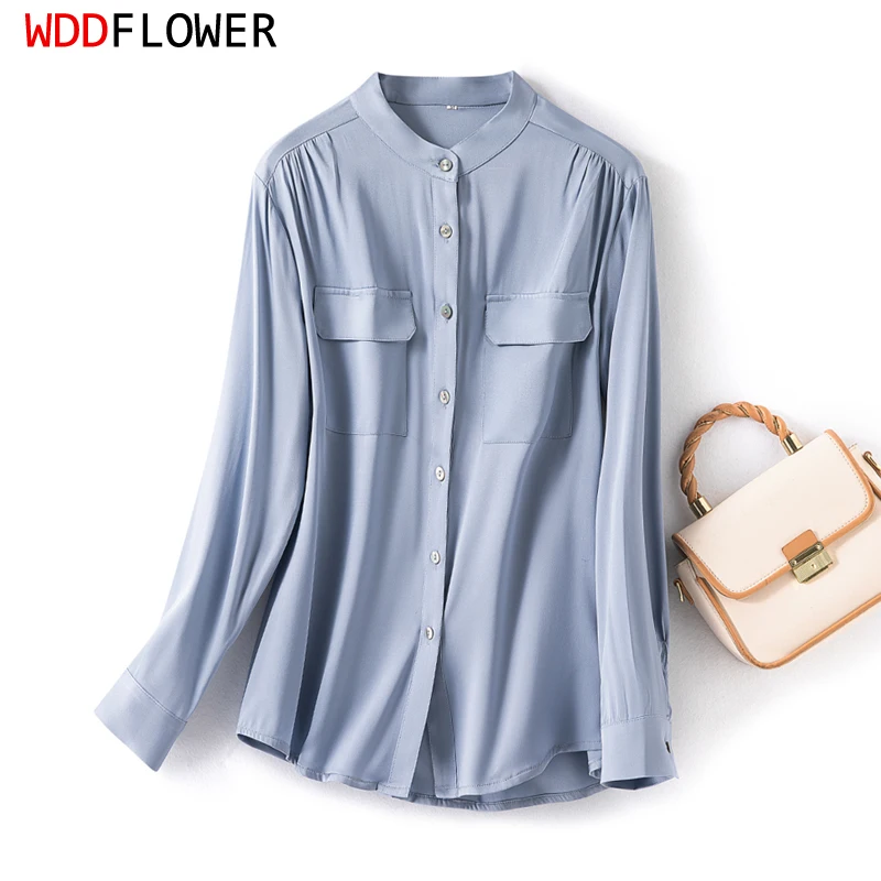 

Women Silk Shirt 93% Mulberry Silk 7% Spandex Solid Colors Buttons Down Long Sleeve Top Blouse Office Work M L XL FF043