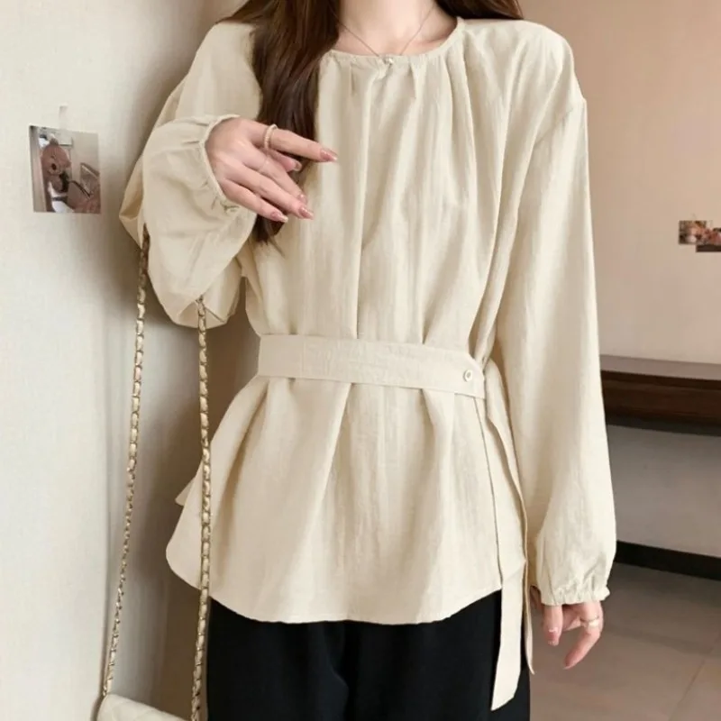 

Женская рубашка на шнуровке, однотонная женская блузка с круглым вырезом и талией, модный удобный женский топ