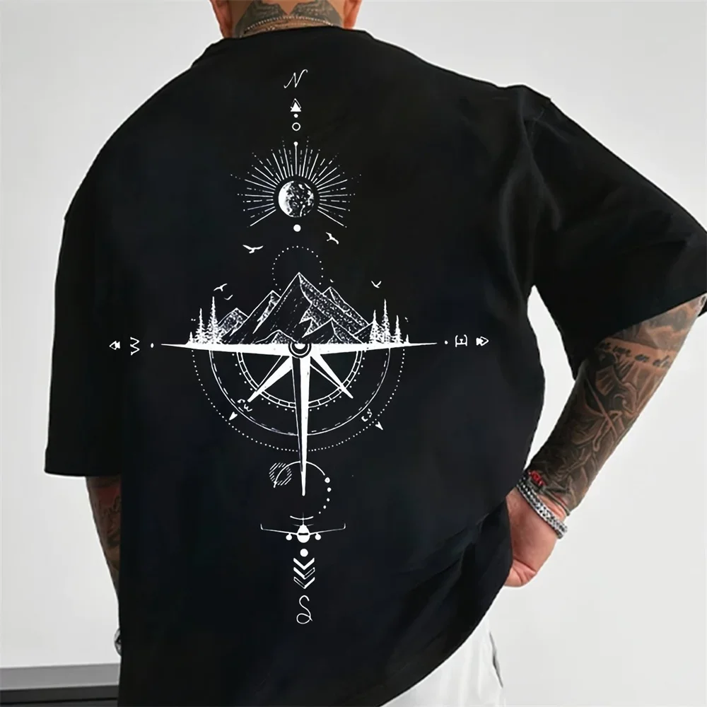 Summer Harajuku T-Shirts for Men Compass Graphic Men's Tops Casual Oversized Cotton Short Sleeve T shirts Y2K Man Clothing