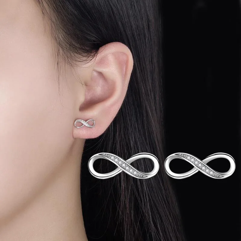 Authentic 925 Sterling Silver Shining Infinity Symbol Stud Earrings for Women Simple Geometric Earrings Fine Jewelry Gift BSE543