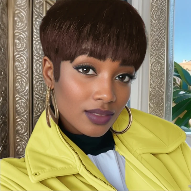 여성용 직선형 짧은 보브 가발 100% 인모 전체 기계 제작 가발