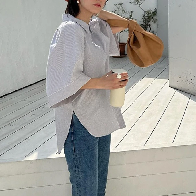 

Gagarich, весна-лето, тонкая рубашка в японском стиле, средний винтажный дизайн, Matsumoto Huina, полосатая рубашка с короткими рукавами, классический топ с воротником