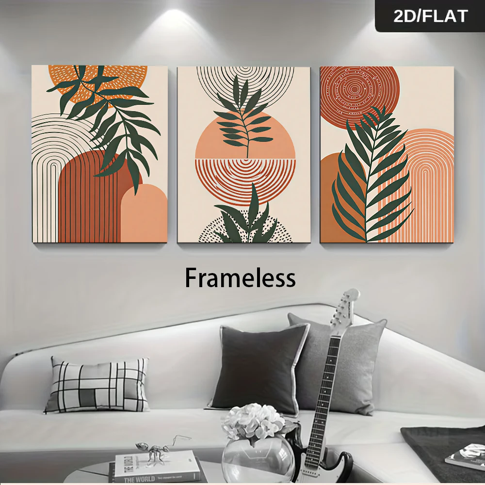 1 set of living room triple decoration painting modern simple abstract green plants geometric sofa background wall frameless pai