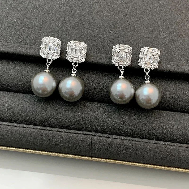 Zircon real much hemp gray pearl earrings women's S925 silver niche French unique