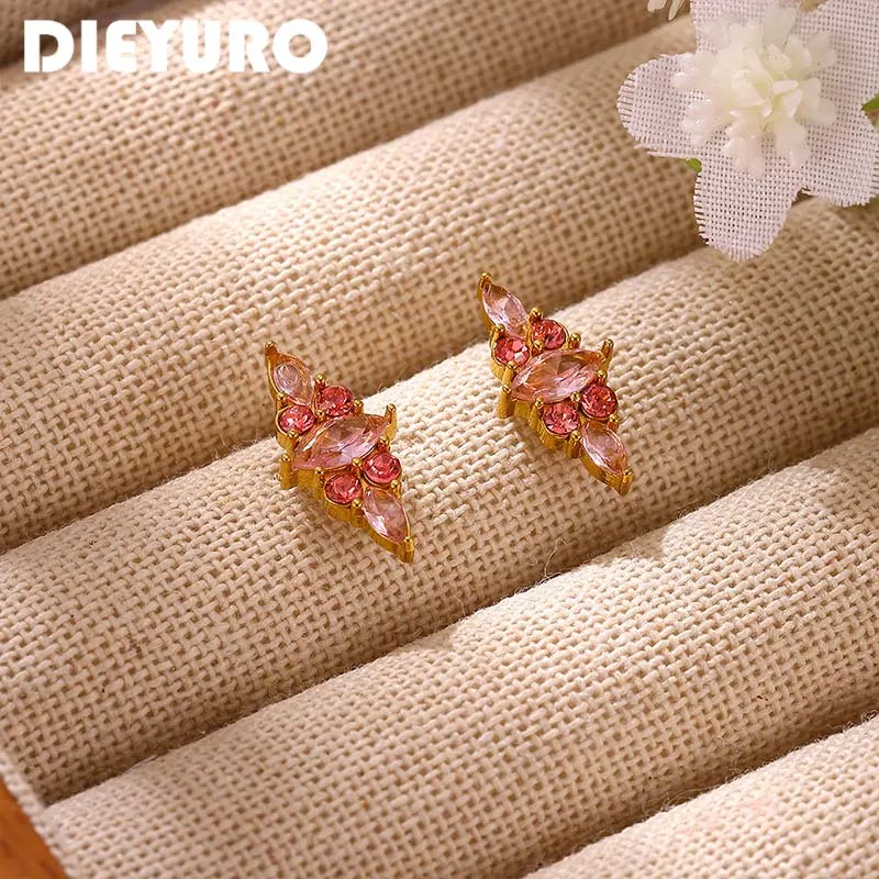 DIEYURO Stainless Steel Luxury Pink Rhombus Zirconia Montage Stud Earrings for Women Trend Sparkling Statement Ear Jewelry Gift