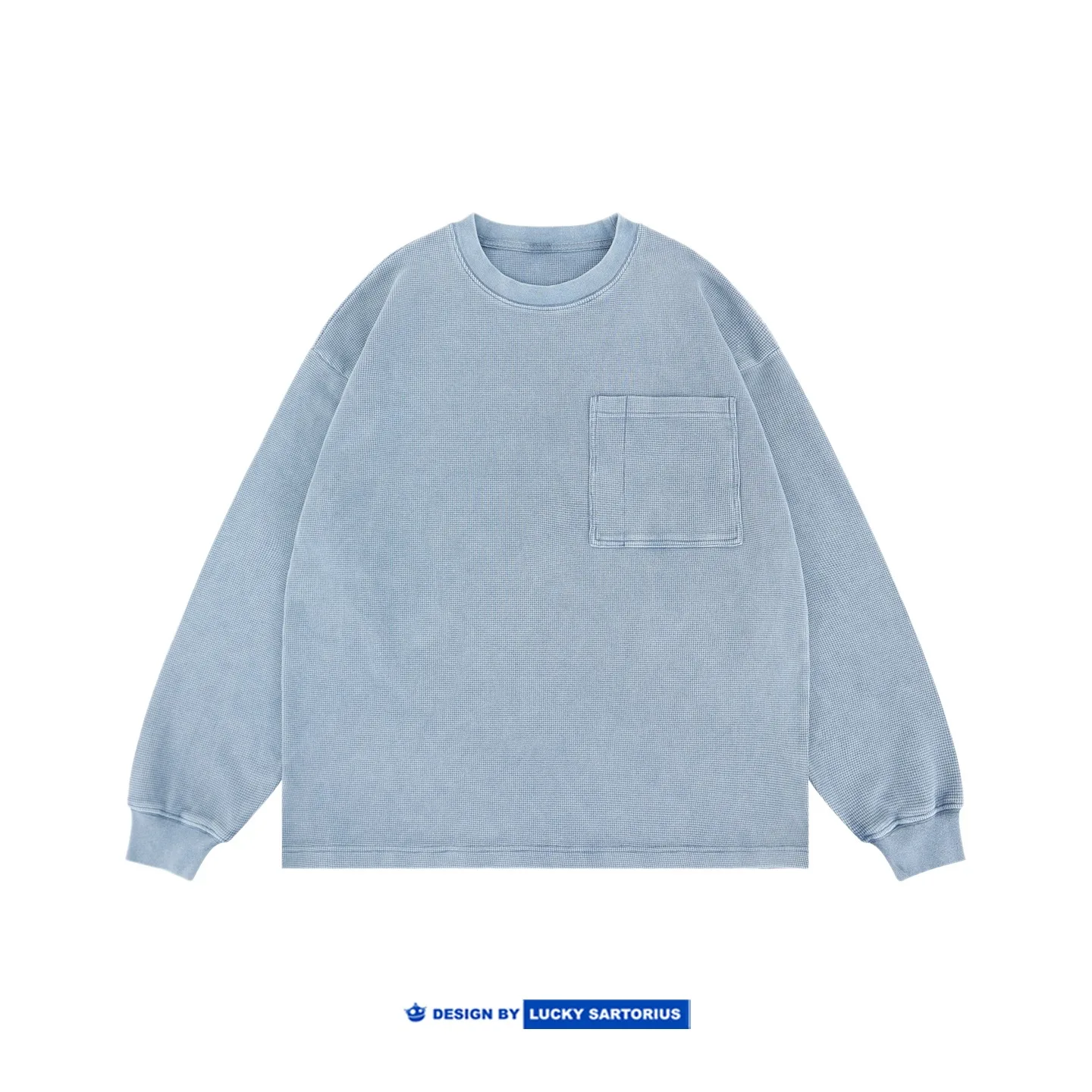 Japanese Patch Pocket Waffle Washed Loose Shoulder Tops Round Neck Long Sleeved T-shirt for Men