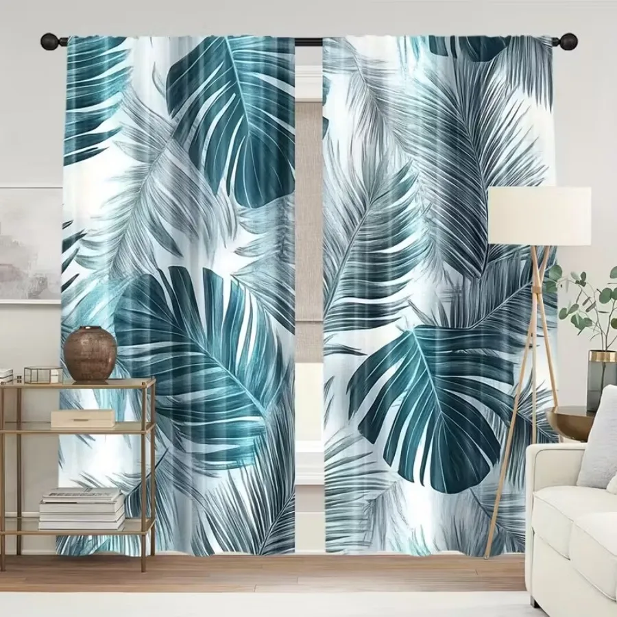 2 PCS Blue Palm Leaf Curtains, Tropical Vacation Style Window Drapes for Living Room Bedroom Home Decor Polyester Rod Pocket