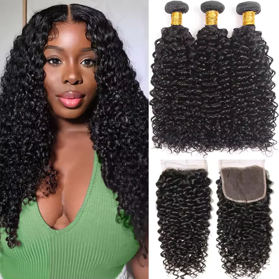 

Натуральные кудрявые волосы Kinky Curly, 3 пучка с прозрачной кружевной застежкой 4x4, накладные пряди из человеческих волос, 3 пучка с застежкой, волосы Remy