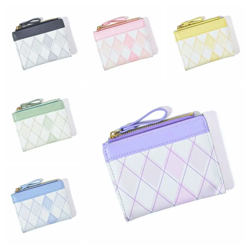 Pu Leather Rhombus Plaid Wallet Coin Purse Contrasting Colors Folding Purse Change Purse Bank Card Bag Zipper Card Holder