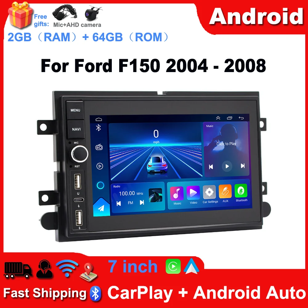 Car Radio Stereo 7-inch Touch Screen Android 15 GPS Navi Head Unit with Carplay and Android Auto FM/RDS SWC WiFi Bluetooth Mirror Link 2+64G Car Player for Ford F150 2004-2008