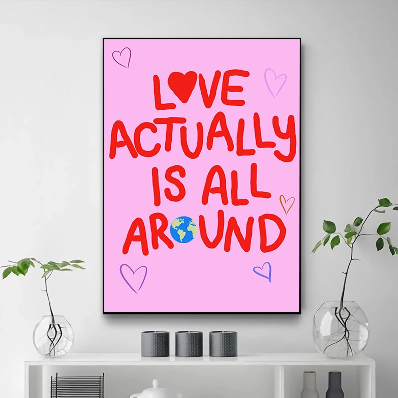 

Love Actually is All Around Art Print Poster, Heart Valentine Trendy Retro Love Heart Illustration, Mid Century Poster