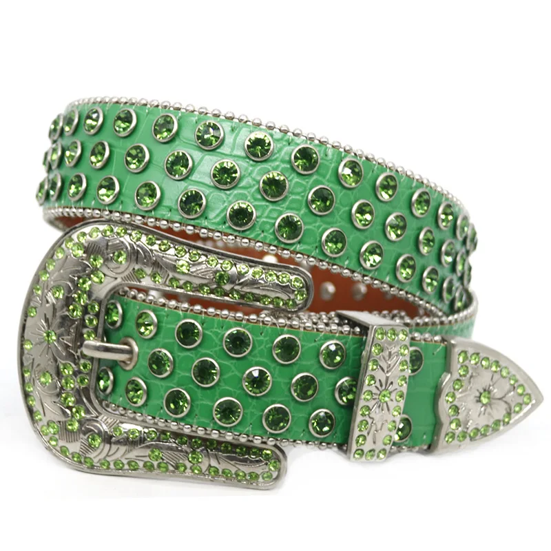 

men's fashion hip hop rock diamond studded belts soft leather rhinestone belt women designer waistband green pin buckle strapon