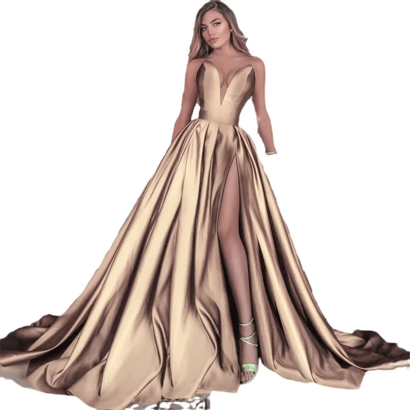

Женское платье для выпускного вечера с глубоким V-образным вырезом и высоким разрезом, плиссированная большая юбка с подолом, вечернее платье, изысканное несколько цветов, новая вечерняя юбка с талией