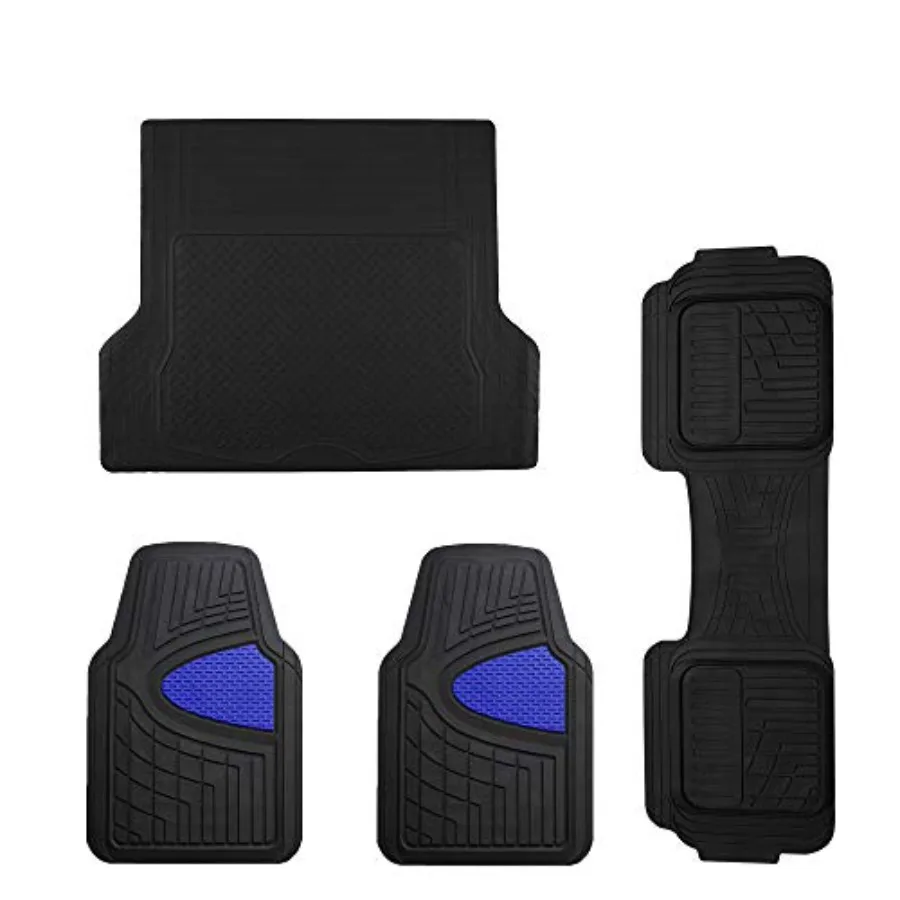 

All Weather Automotive Floor Mats for Sedan Cars SUV Truck - Trimmable Black Cargo Mat with Heavy Duty Tall Channel Blue Design