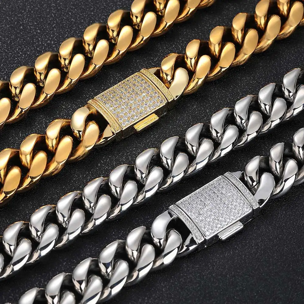 Miami Curb Cuban Link Bracelet for Men Stainless Steel Heavy Bracelets with Iced Clasp Classic Punk Hip Hop Male Jewelry