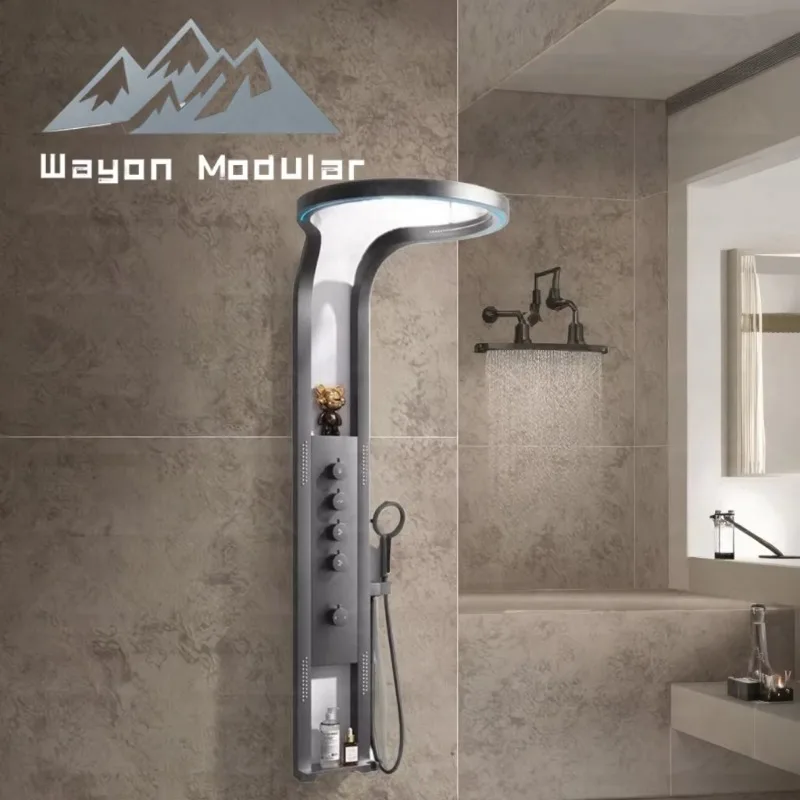 

Modern Gun-colored Stainless Steel Shower Panel with Integrated LED Rain Shower for Prefabricated House Models WW-YSLYLT