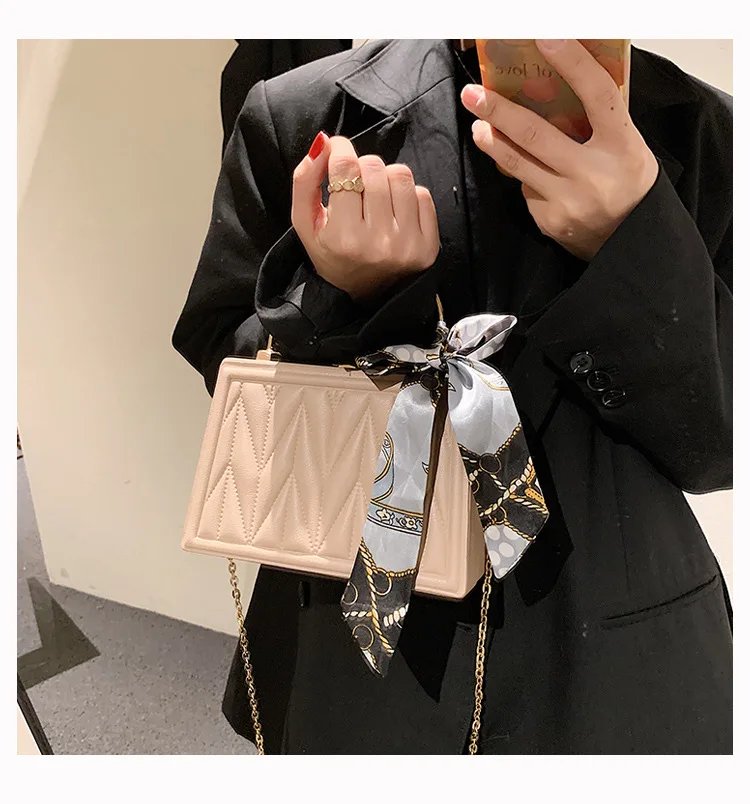 Luxury Designer Crossbody Bag for Women Silk Ribbon Box Shape Small Handbag Chain Lady Messenger Bag All-match PU Leather Tote