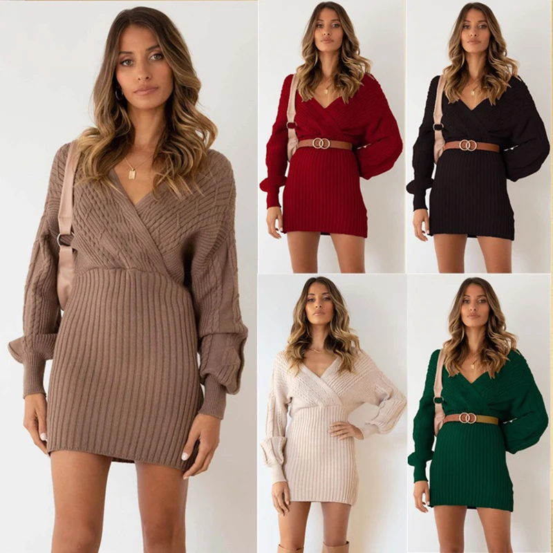 

New Fall Winter Sweater Skirt Women Loose Pullover Knitted Sweater Female V-neck Long Sleeve Fashion Twist Wrap Hip Dress Girl