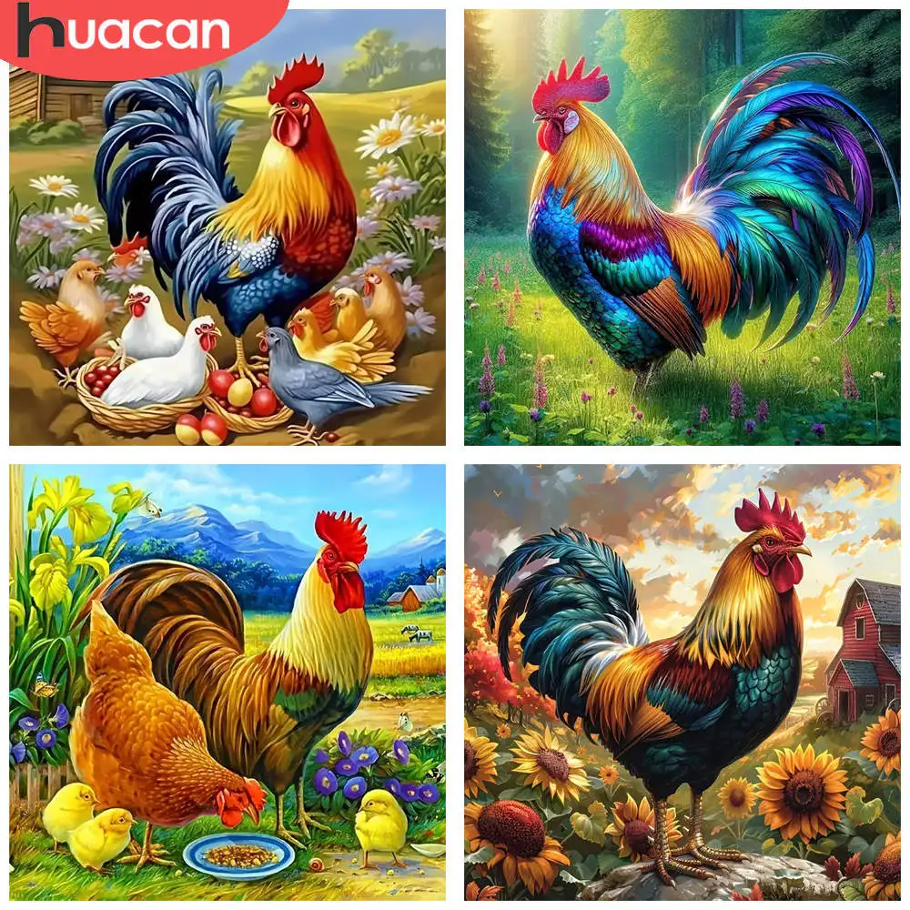HUACAN 1pcs Diamond Painting Rooster Pastoral Scene Crystal Canvas Art Farm Animals 5D DIY Diamond Embroidery Kits Craft