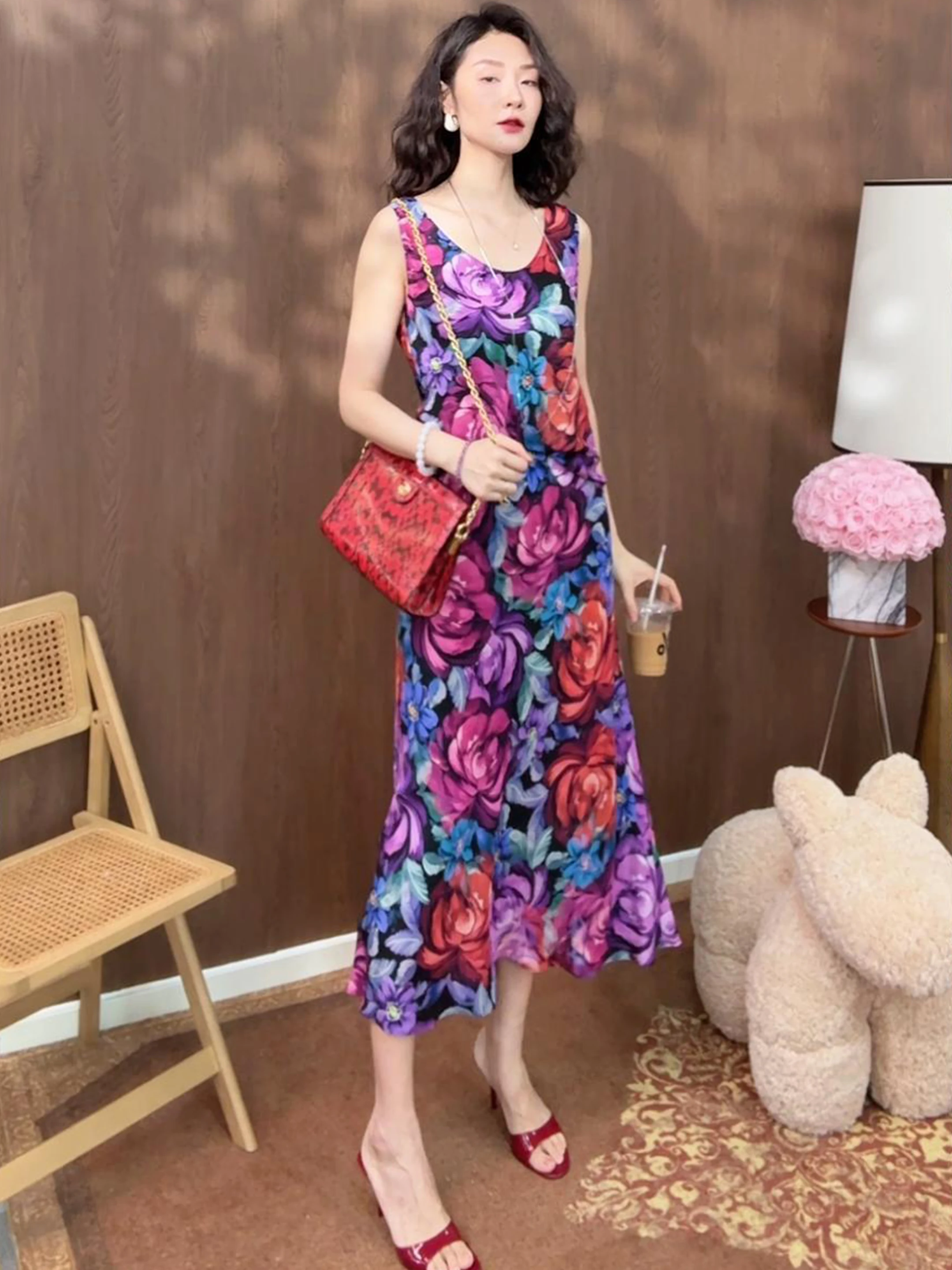 

Silk Floral Print Strapless Vest Bow East 16 Momme Double Gauze Retro Floral Print Soup Spoon Collar Sleeveless Women's Top