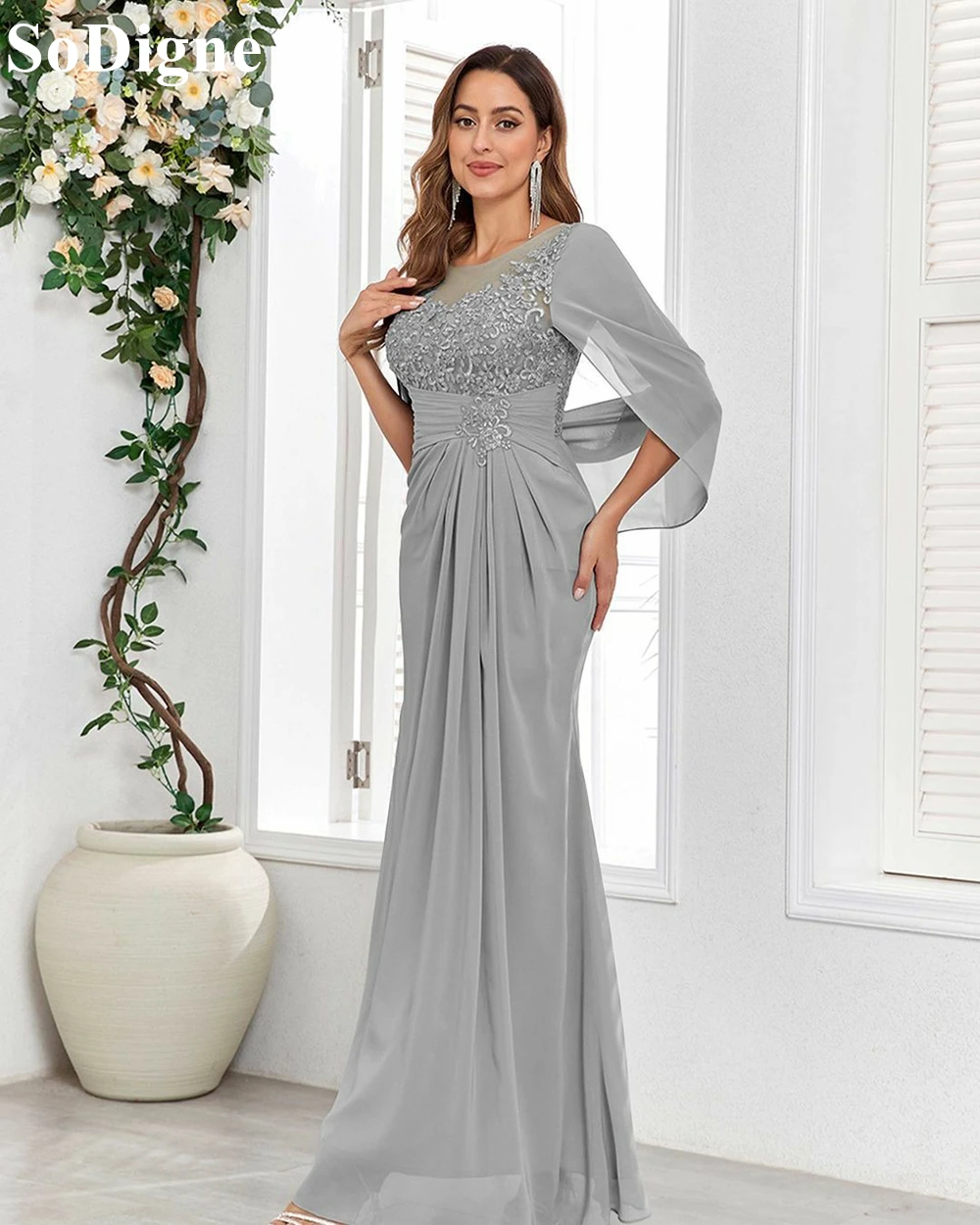 SoDigne Gray Chiffon Evening Dresses O-Neck Cape Lace Appliques Draped Pleated Party Dress 2024 Formal Prom Gowns for Women