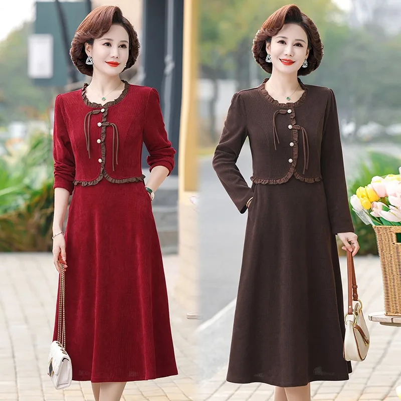 

Vintage Women's Long sleeved High Waist A-line Dress Spring and Autumn Slim Fit Knee Length Dress