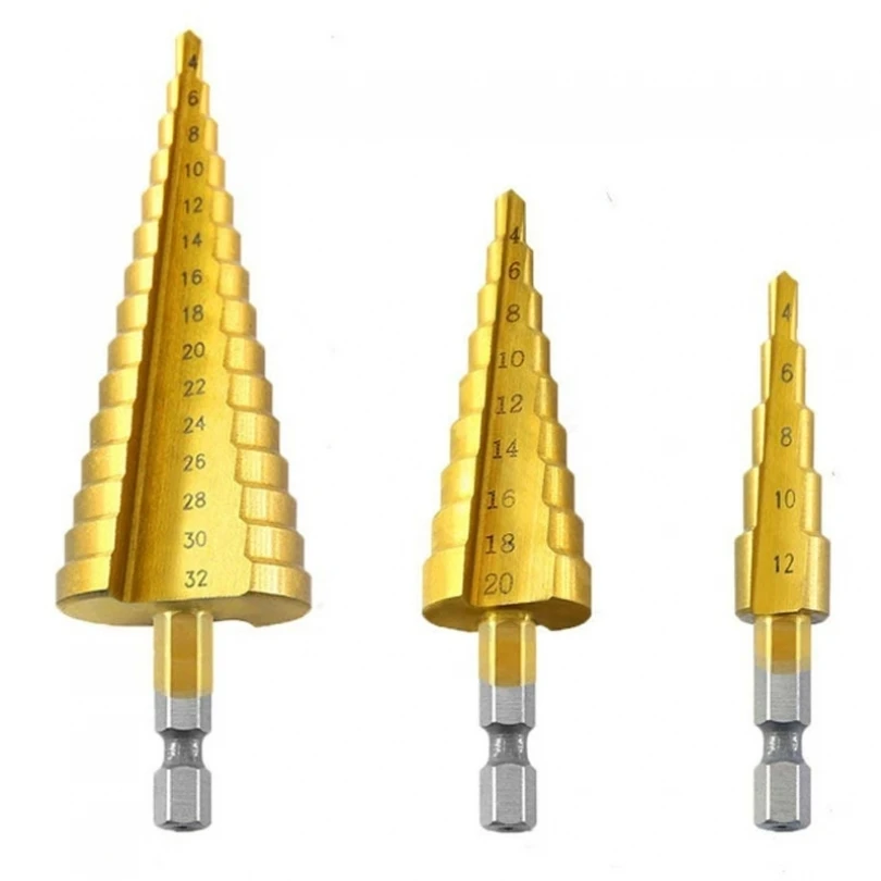Punta da trapano a gradino HSS 3 pezzi 4-12mm 4-20mm 4-32mm scanalatura dritta utensili per la lavorazione del legno rivestiti in titanio per nucleo di taglio del foro