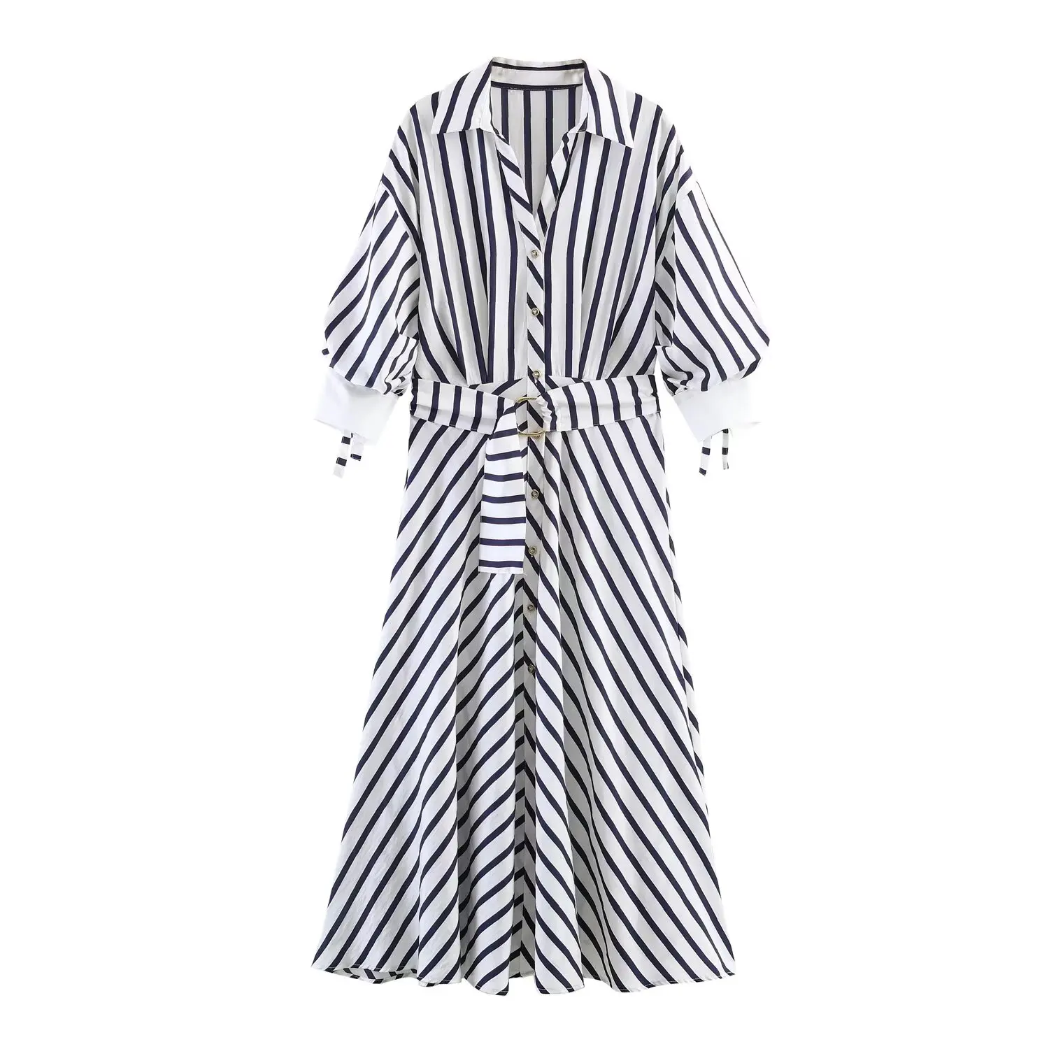Neues 2026 Damen Gestreiftes Langes Kleid mit Gürtel Frühling Herbst Lässiger Hemdenstil Einreihiges Kleid Mode Freizeit Damenkleid – Detail 4