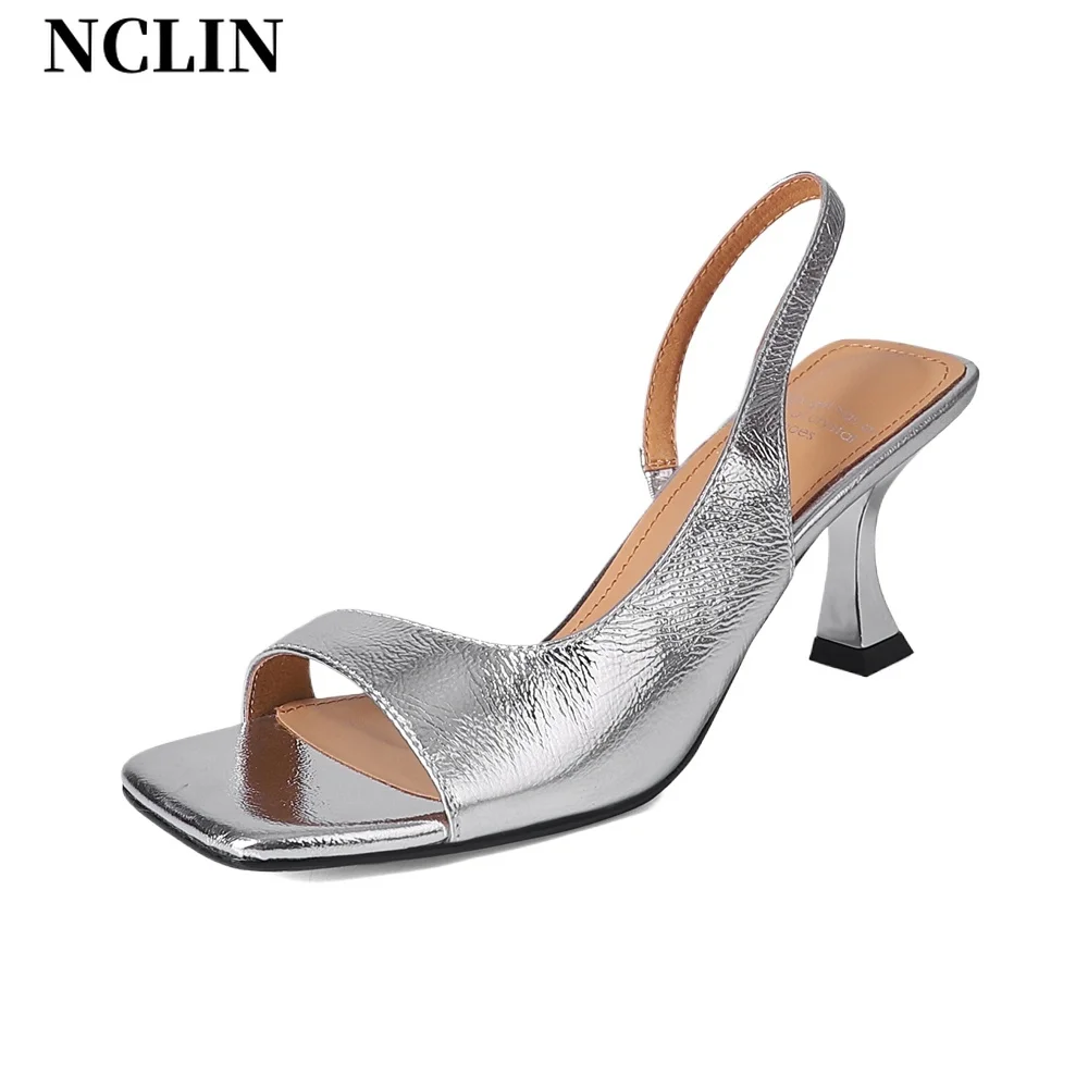 

NCLIN Elegant Women High Heeled Sandals Genuine Leather Sliver Party Wedding Shoes Woman Square Toe Summer Sandals Shoes Pumps