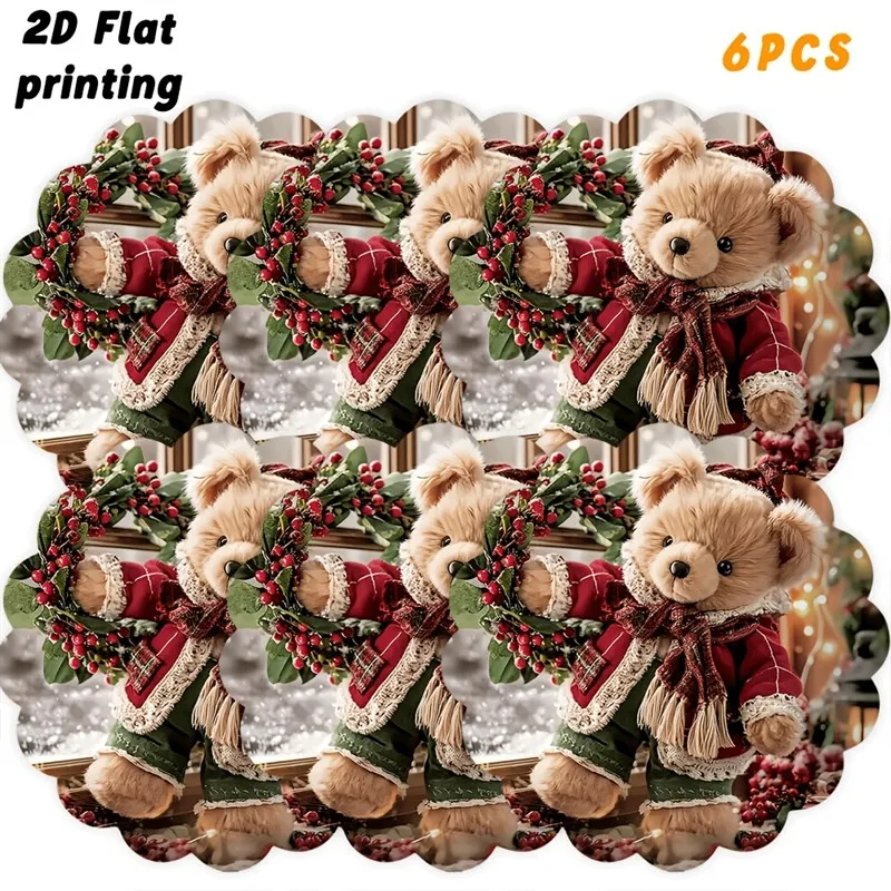 VIKAMA Linen Scalloped Placemats, Christmas Teddy Bear Wreath, Washable Stain Resistant Easy Clean, Holiday Table
