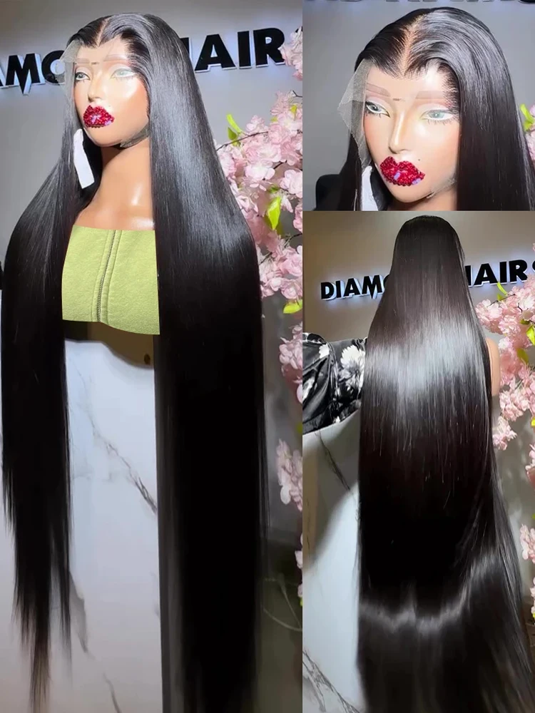 Indonesian 300% Density 13x4 HD Lace Frontal Wigs for Women 13x6 Lace Front Wigs Human Hair Pre Plucked 40 42 Inch Bone Straight Human Hair Wig Natural Black Silky Straight Glueless Wigs Preplucked Free Part Invisible Swiss Hd Lace Full Wigs