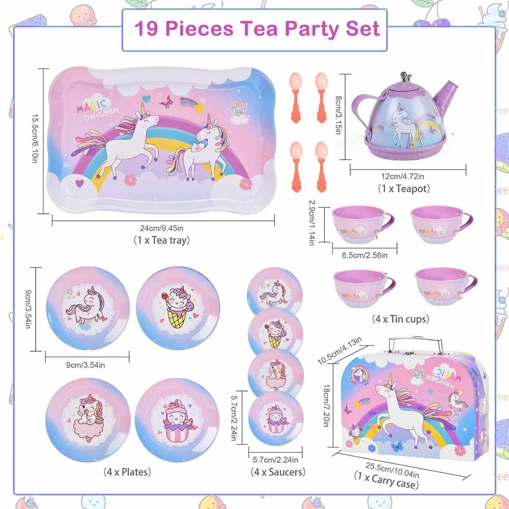 WizKidz Unicorn Tea Party Set for Little Girls Pretend Purple Tin Teapot Cups Plates Carrying Case Birthday Gift for Kids Age 3+