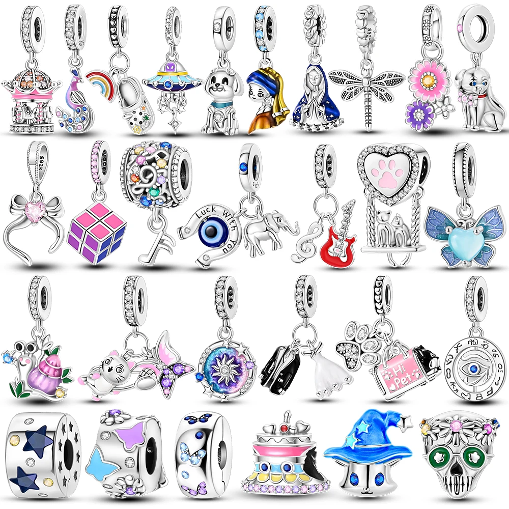 NEW 925 Silver Dragonfly Cube Puppy Guitar Note Charms Fit Original Bangle Beads Pendent Dangle Bracelet DIY Women Jewelry Gift