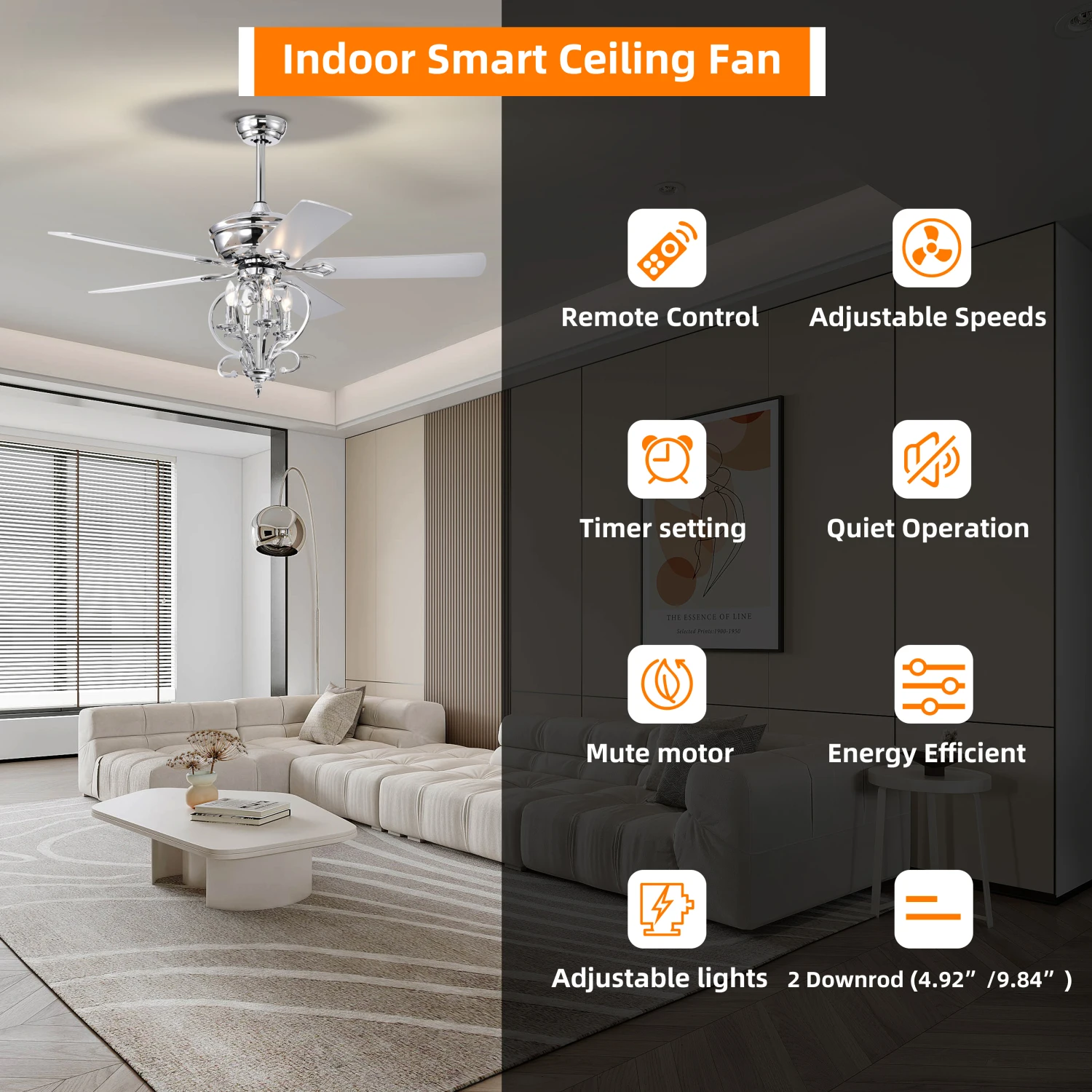 52" 4-Light Ceiling Fan w/ 5 Wood Blades, Remote Control, Reversible Airflow, 3-Speed, Adjustable Height (Silver)