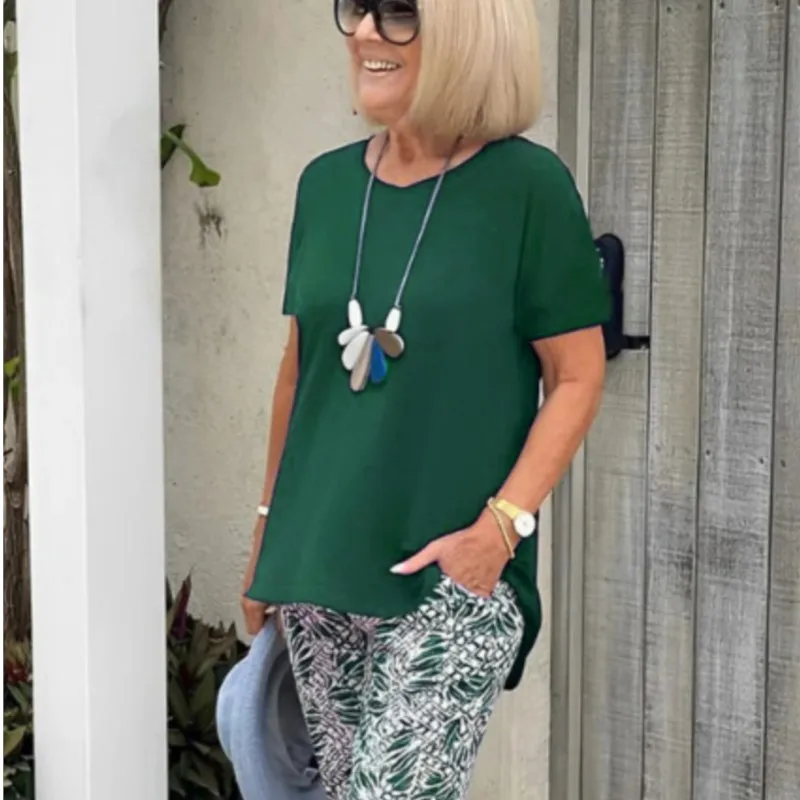 Moda elegante conjunto de duas peças para mulher 2025 cor sólida em torno do pescoço manga curta camiseta + calças impressas terno roupas de verão