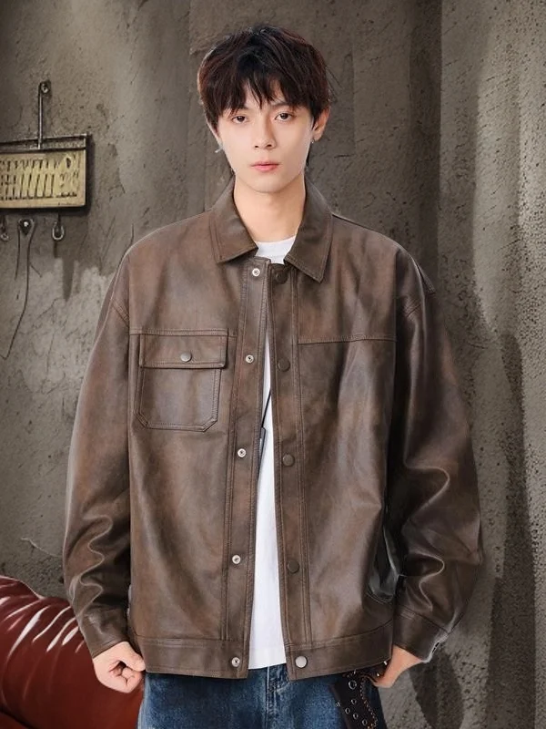 

Men's Leather Jaet Coat Vintage Collar Workwear Sle Versatile Spring Autumn New Arrival Japanese Retro Faion