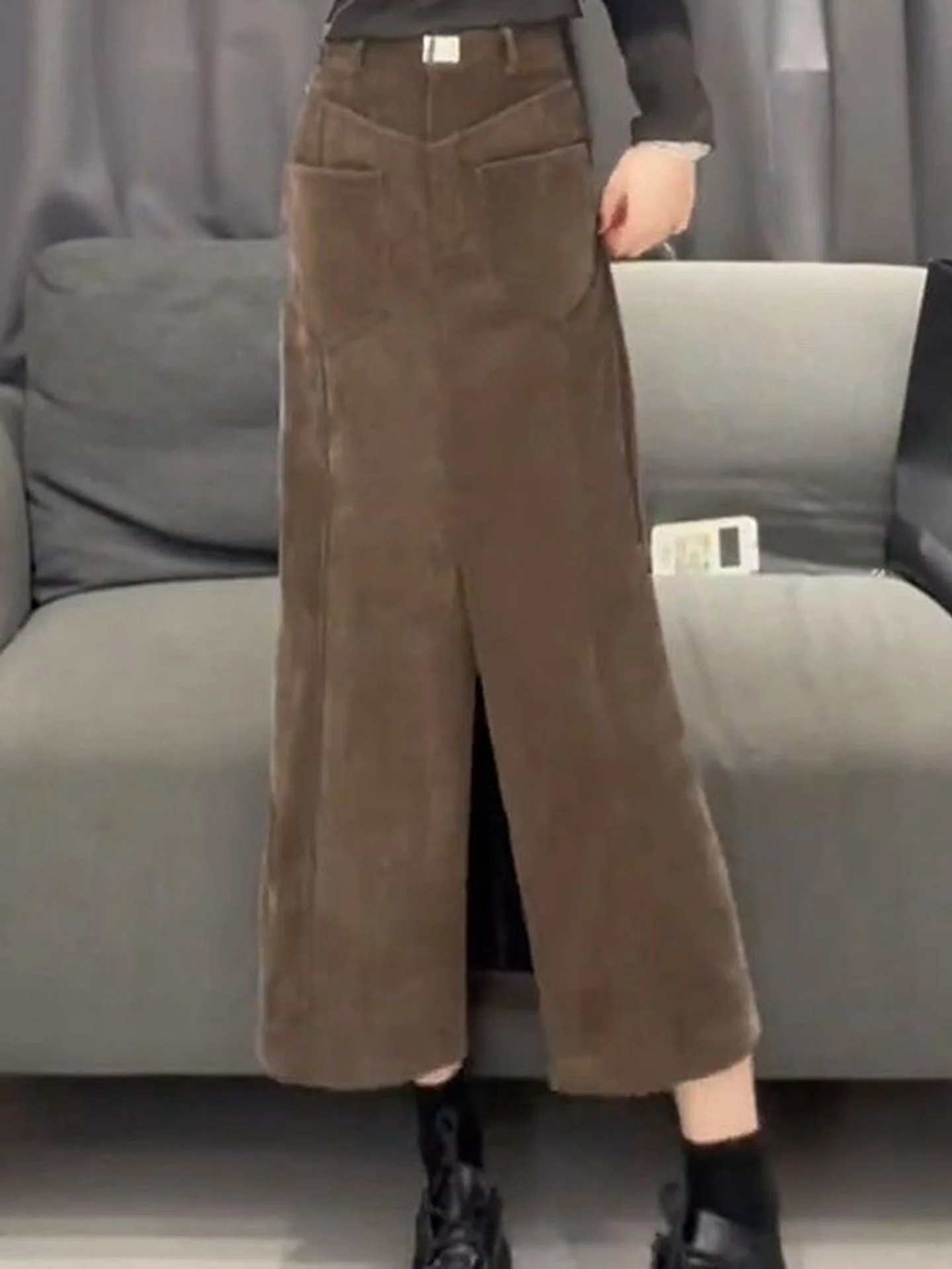 High Waist A-Line Midi Skirt Women's Autumn Winter New Style Thin Version Pocket Design Drapey Split Half-length Skirt