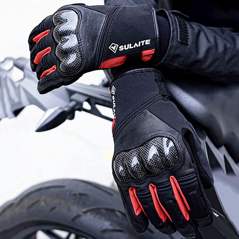 Genuine Leather Motorbike Gloves Road Racing Team Glove Men Winter Cotton Warm Cycling Gloves Touch Screen Leather Gloves