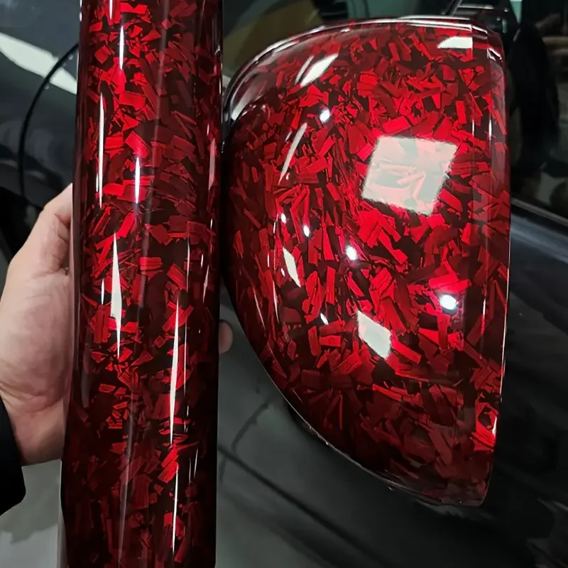

High Gloss Red Forged Carbon Fiber Vinyl Wrapping Film 1.52*18M Anti-Scratch PET Car Decal Interior Body Color Changing Film