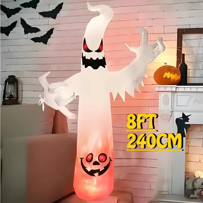 2.4M/8FT Inflatable Toys Halloween Flame Solar Term White Ghost Decoration LED Light Up Lawn Inflatable Model Outside Decortions