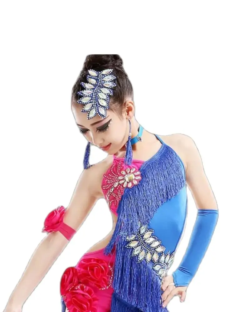 1pcs/lot children tassel latin dancing dress girl sexy backless latin modern dancing dress