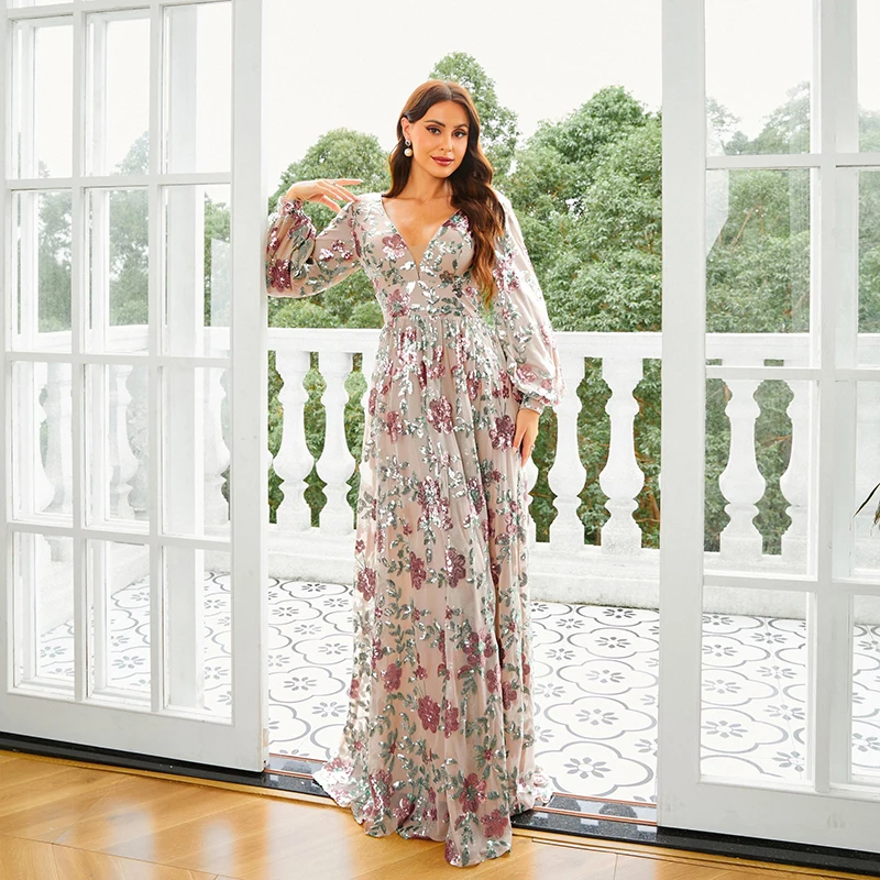 

2024 New Women Lantern Sleeve V Neck Backless Flower Sequined Wedding Bridesmaid Evening Party Cocktail Long Maxi Dresses