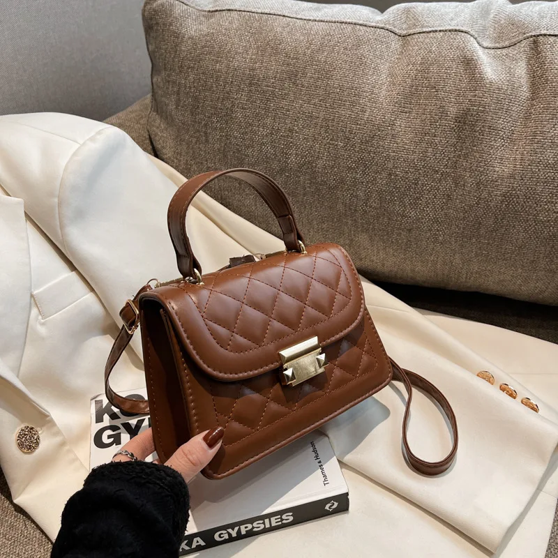 Fashion Embroidery Textured Bag Women\'s Bag 2023 Commuter Lingge Simple Single Shoulder Crossbody Bag Handheld Small Square Bag