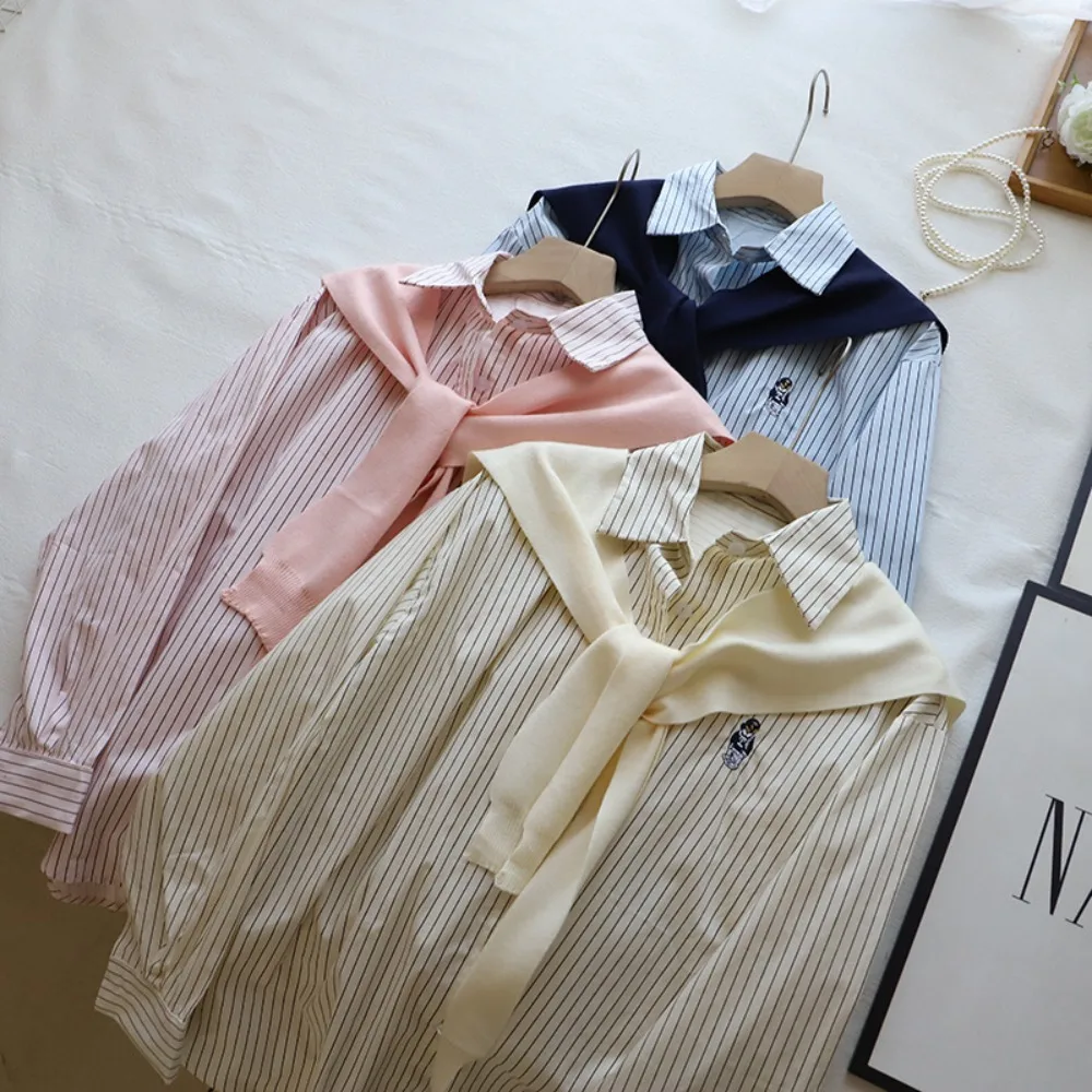 

Sweet Y2K Striped Shirts Women Button Up Preppy Style Two Pieces Shirts Set Outfits Embroidery Bear Knitted Shawl Shirts Girls