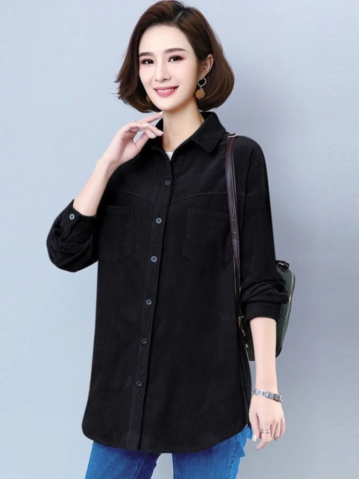 

Women's Corduroy Jaet Loose Fit Versatile Outerwear Trendy Autumn Korean Sle Mid-Length Pure Cotton Outerwear