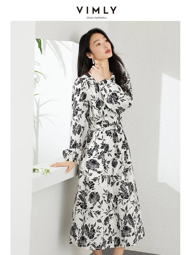 VIMLY Women\'s Elegant Tea Break French Style Dress Autumn New O-Neck Long-Sleeved Cotton Floral Dress Commuter Casual Dress