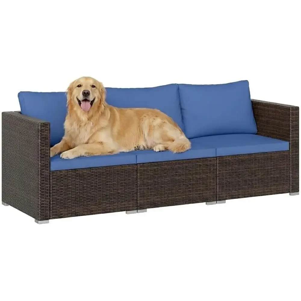 

3-Seat Outdoor Wicker Sectional Sofa Set with Cushions, Ideal for Patio, Deck, Backyard, Porch, Garden, and Poolside (Brown-Navy