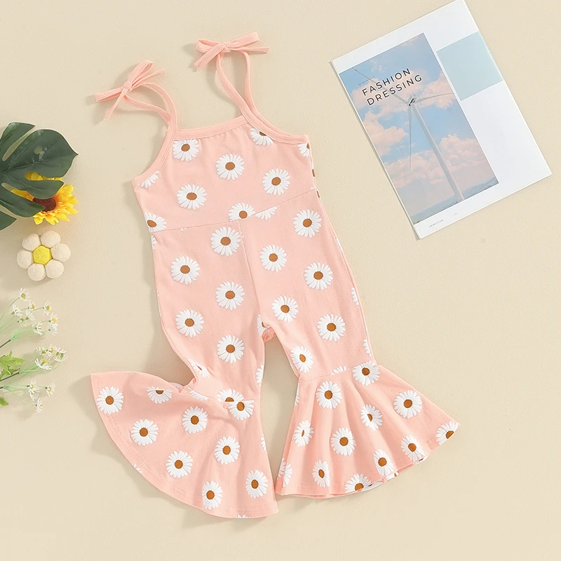 Toddler Girl Floral Print Romper Sleeveless Jumpsuit with Ruffle Straps and Wide Leg Pants Summer Overalls for Baby Girls