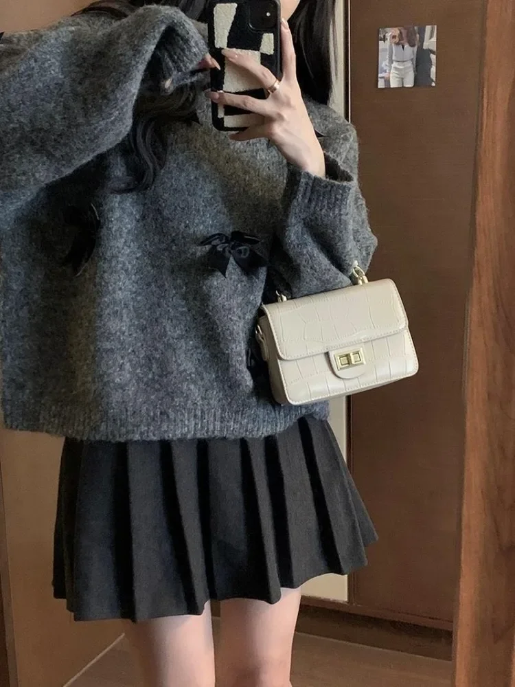 Ezgaga Knitted Sweater Women Bow O Neck Long Sleeve Loose Autumn Winter Outwear Sweet Vintage Pullover Female Casual Jumper