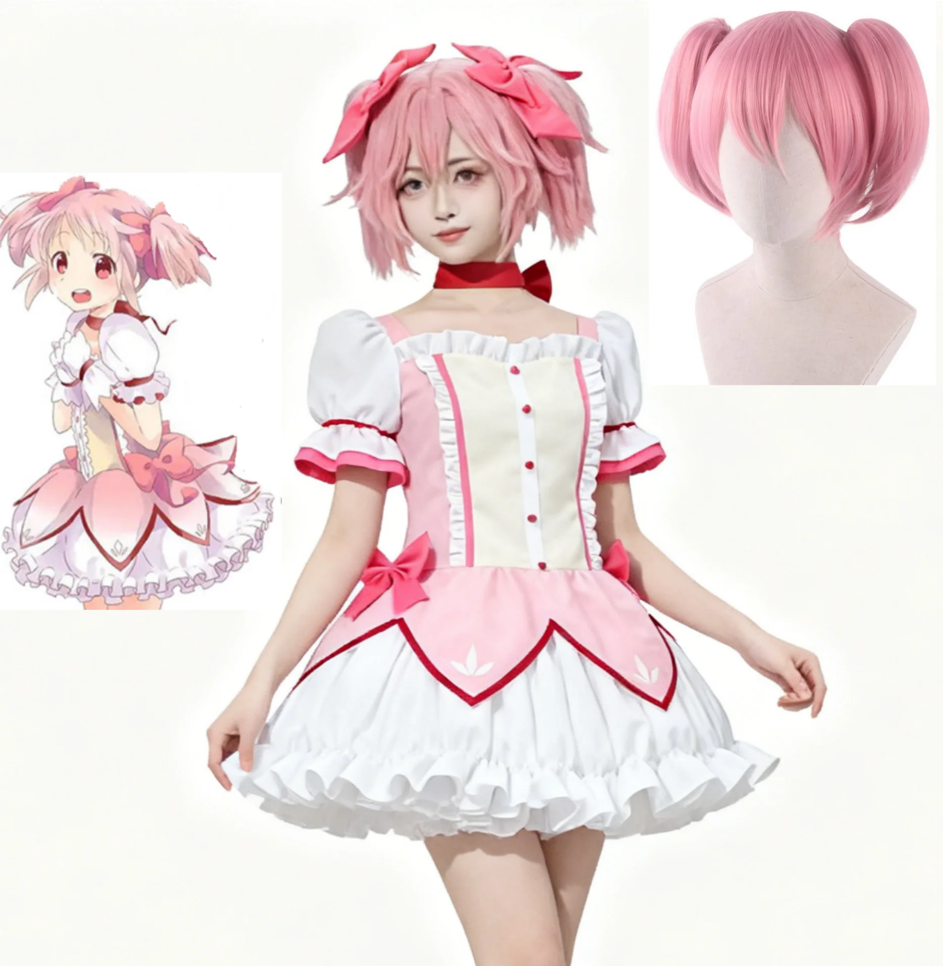 

Puella Magi Madoka Magica Akemi Homura Kaname Madoka Cosplay Costume Wig Pink Ball Dress and White JK Uniform Party Sets